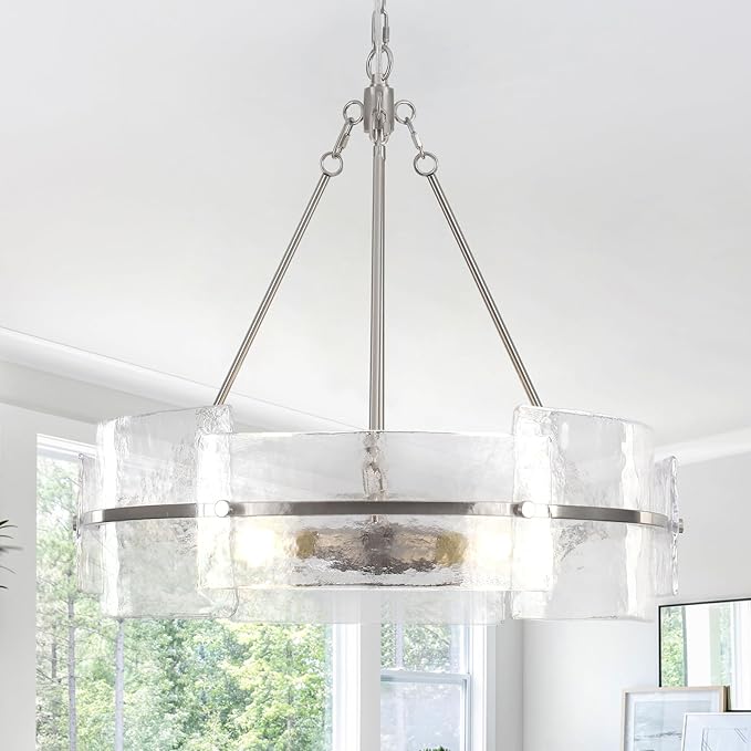 Modern Glass Dining Room Chandelier, 22 inch Brushed Nickel Drum Kitchen Island Light Fixture Luxury Textured Glass Water Ripple Crystal Chandeliers for Living Room Foyer Bedroom