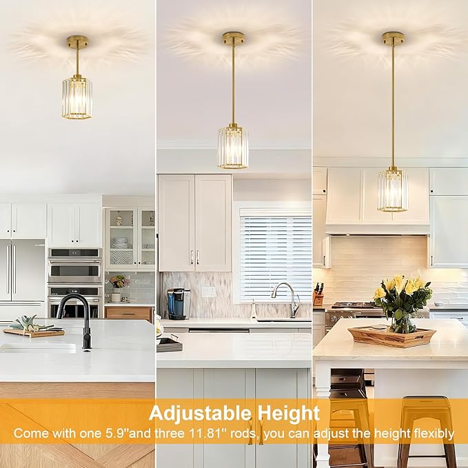 Gold Pendant Light Kitchen Island, Modern Crystal Kitchen Island Lighting, 1-Light Hexagonal Kitchen Hanging Lights for Island, Dining Room, Hallway, Foyer, Entryways
