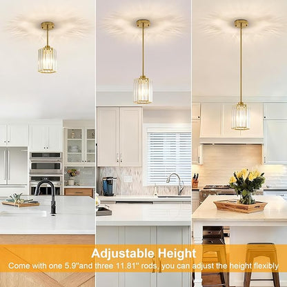 2 Pack Crystal Pendant Lights, Brushed Gold Kitchen Hanging Pendant Light Fixtures, Modern Hexagonal Crystal Pendant Lighting for Kitchen Island, Dining Room, Hallway, Foyer Entryways