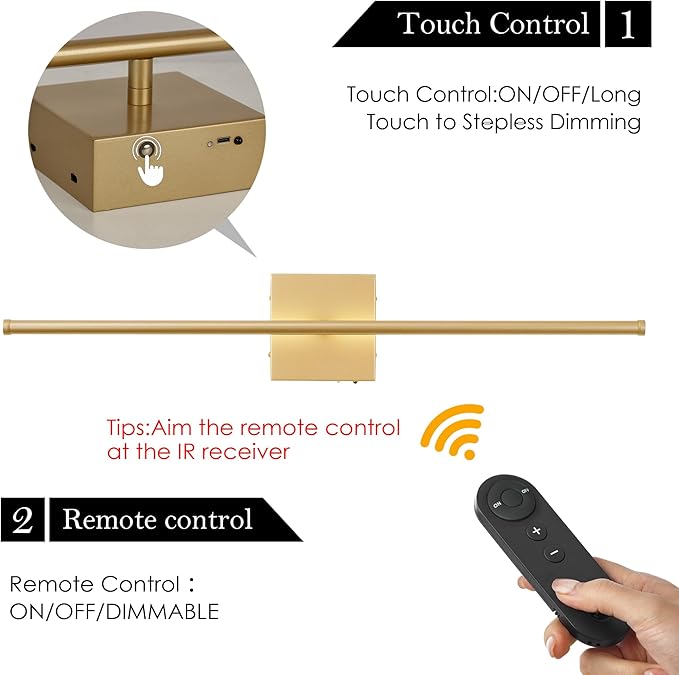 KARTOOSH Battery Operated Wall Sconces with Remote Control, Dimmable Wall Sconces Set of Two, 350°Rotate, 3000K LED Gold Wireless Wall Light for Living Room, Hallway, Bedroom, 40.1 Inch (2 Pack)