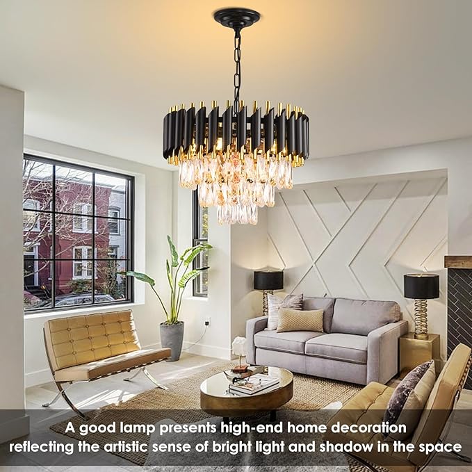 Modern Crystal Chandelier Black and Gold Chandelier 3-Tier Round Chandeliers Pendant Ceiling Light Fixture Flush Mount Chandelier for Dining Room Living Room Bedroom Foyer Hallway Entryway W16"
