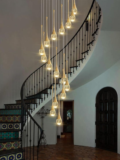 ykolupty Modern Crystal Chandeliers LED Dimmable Stairwell Chandelier Gold Teardrop Chandelier Large Pendant Light for Entryway Foyer Living Room