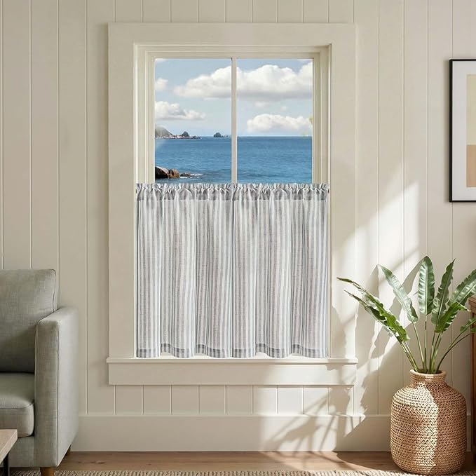 jinchan Striped Linen Kitchen Curtains 30 Inches Tier Curtains Farmhouse Modern Cafe Style Small Window Treatments Airy Light Filtering Rod Pocket for Living Room Bathroom 2 Panels Aqua Blue