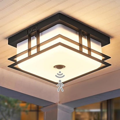 LED Motion Sensor Outdoor Ceiling Light with Acrylic Shade 24W 5CCT Flush Mount Ceiling Fixture for Porch, Patio, Balcony, Garage