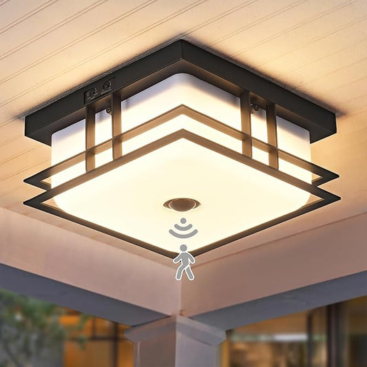 LED Motion Sensor Outdoor Ceiling Light with Acrylic Shade 24W 5CCT Flush Mount Ceiling Fixture for Porch, Patio, Balcony, Garage