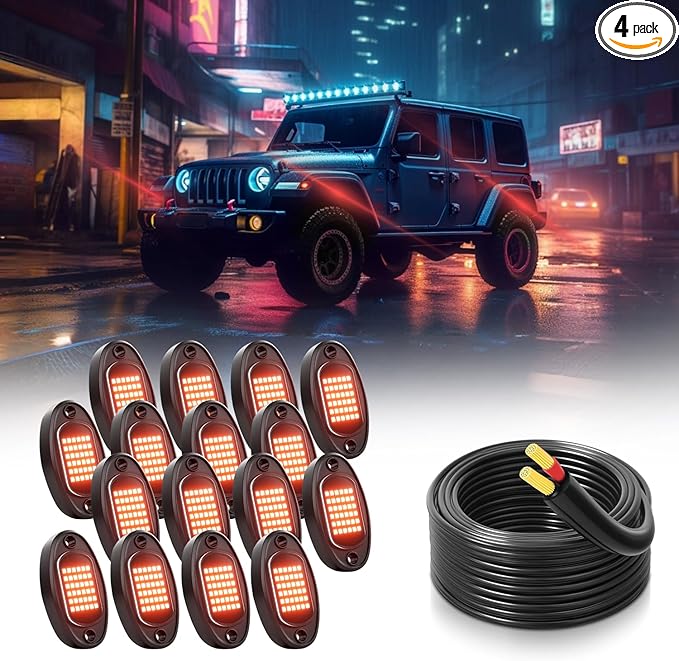 Rock Lights Ultra Bright LED Neon Underglow Lights Waterproof for Trucks Pickup SUV UTV ATV RZR Car Boats Motorcycle (Red, 16 Pods+ 33ft Wire Harness)