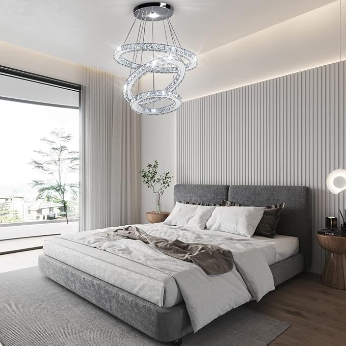 CLAIRDAI Modern Crystal Chandelier LED Chandeliers 3 Ring Pendant Light Adjustable Stainless Steel Ceiling Light Fixture for Dining Room Bedroom Living Room Hallway (6500K Cool White)