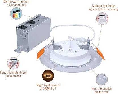 HALO RL 6 in Recessed LED Canless Dual Mode Night Light and Downlight, 1000 Lumens, Selectable CCT 2700K-5000K, Dim to Warm Technology, Matte White - RLNL6109FSD2W1EWHDM