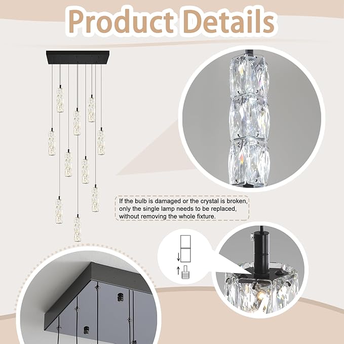 ykolupty Modern Crystal Chandelier 10-Lights Rectangle Pendant Light LED Dimmable Black Linear Chandelier Flush Mount Crystal Pendant Light for Living Room Dining Room Foyer