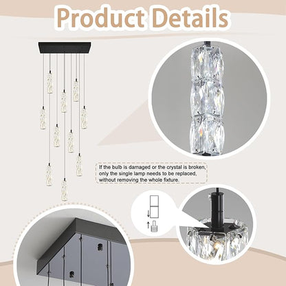 ykolupty Modern Crystal Chandelier 10-Lights Rectangle Pendant Light LED Dimmable Black Linear Chandelier Flush Mount Crystal Pendant Light for Living Room Dining Room Foyer