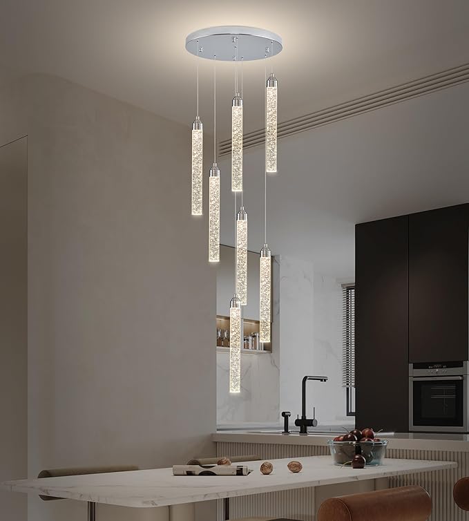 Crystal Staircase Chandelier, Modern Chrome Spiral Dimmable LED Cluster Raindrop Foyer Chandelier Lighting, Bubble Living Room Hanging Light Fixture 7 Light Remote Control