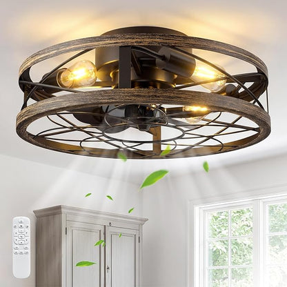 20" Caged Ceiling Fans with Lights and Remote, Flush Mount Low Profile Rustic Small Fandelier, Enclosed Indoor Ceiling Fan for Bedroom Kitchen Farmhouse, 6 Speed, Quiet DC Motor, Timer, Black Gold