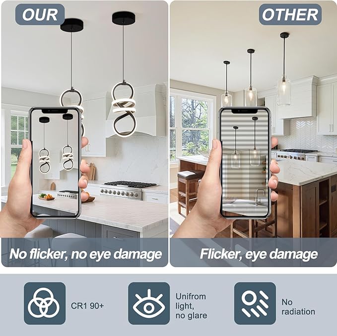 EIDISUNY Modern Led Pendant Light Fixture, 15W Black Spiral Pendant Light Kitchen Island, 4500K Daylight White Pendant Lamp, Adjustable Height Chandelier for Kitchen Dining Room Bedroom (3 Packs)