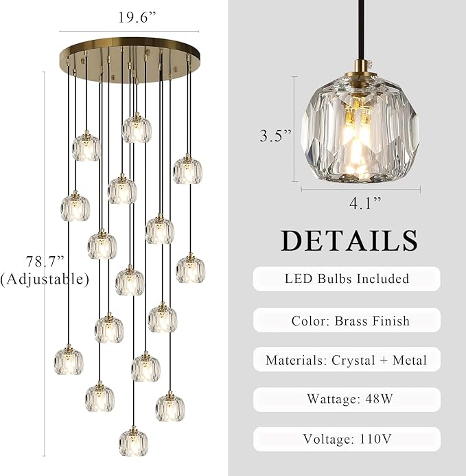 Round Crystal Chandelier, Large Farmhouse Hanging Lamps High Ceiling, Modern Brass Raindrop Pendant Light Fixtures for Dining Room Staircase Living Room