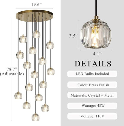 Round Crystal Chandelier, Large Farmhouse Hanging Lamps High Ceiling, Modern Brass Raindrop Pendant Light Fixtures for Dining Room Staircase Living Room