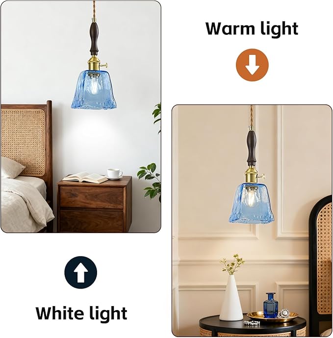 Blue Glass Vintage Pendant Light Height Adjustable Handmade Glass Pendant Lights Kitchen Island Gold Hanging Light Fixture with Wood Handle for Bedroom Dining Room Hotel (2 Pack)