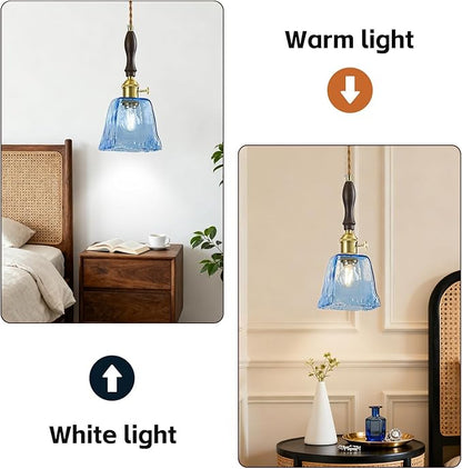 Blue Glass Vintage Pendant Light Height Adjustable Handmade Glass Pendant Lights Kitchen Island Gold Hanging Light Fixture with Wood Handle for Bedroom Dining Room Hotel (1 Pack)