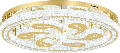 Modern Crystal Chandeliers for Dining Room Flush Mount Ceiling Chandelier for Living Room Dining Room Ring LED Crystal Ceiling Light (Round,40in Gold,Dimmable 2700K-6500K)