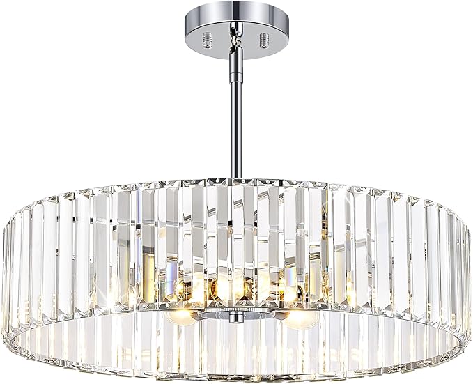 YURNYQ Chrome Crystal Ceiling Light Fixture, Modern Semi Flush Chandelier, Round Hanging Lighting Chandeliers for Dining Room, Kitchen, Bedroom, 6-Light, 19.68 Inch
