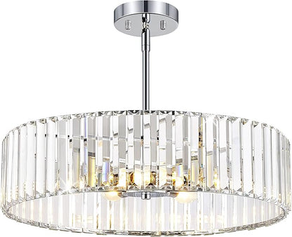 YURNYQ Chrome Crystal Ceiling Light Fixture, Modern Semi Flush Chandelier, Round Hanging Lighting Chandeliers for Dining Room, Kitchen, Bedroom, 6-Light, 19.68 Inch