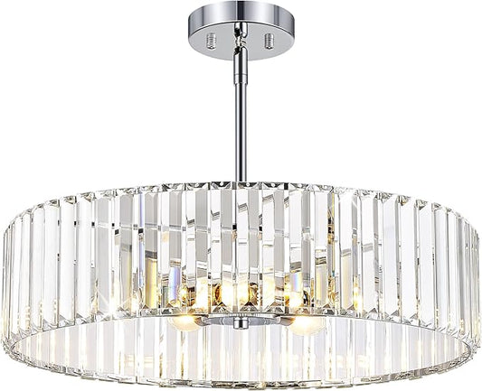 YURNYQ Chrome Crystal Ceiling Light Fixture, Modern Semi Flush Chandelier, Round Hanging Lighting Chandeliers for Dining Room, Kitchen, Bedroom, 6-Light, 19.68 Inch