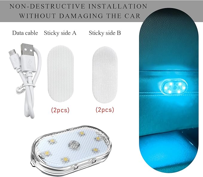 Wevdn 2 PCS Car LED Lights Interior Wireless, Sticky Car Ambient Lighting with 6 Bright LED Lamp Beads, Portable USB Rechargeable Vehicle Interior Led Night Light for Car (Ice Blue)