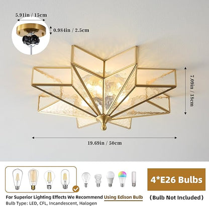 Star Brass Glass Ceiling Light - 19.5 In Gold Hammered Large Flush Mount Fixture - Art Deco Mid Century Vintage Modern Moravian Lighting Lights for Bedroom Dining Entryway Foyer Living Room