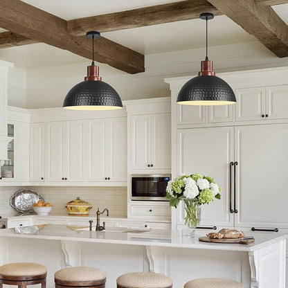 11.8" Wood Pendant Lights Kitchen Island, Hammered Dome Pendant Lighting, Black Pendant Light Fixture Hanging Ceiling Light