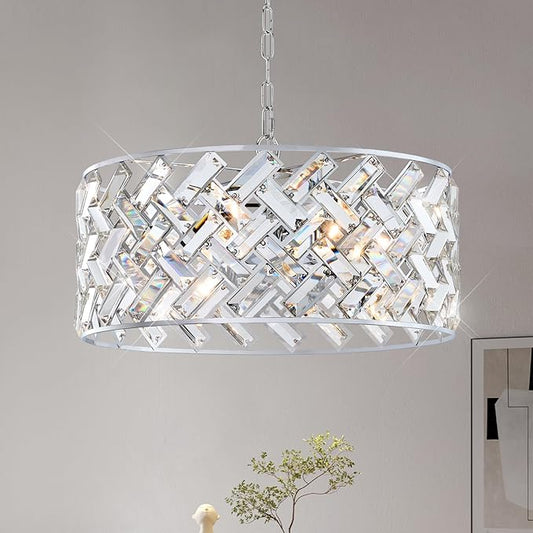 Chrome Crystal Chandelier, 18" Modern Drum Ceiling Light Fixture, 6-Light Semi Flush Mount Pendant with K9 Crystals, Round Hanging Lighting for Dining Room, Living Room, Bedroom, Kitchen, Hallway
