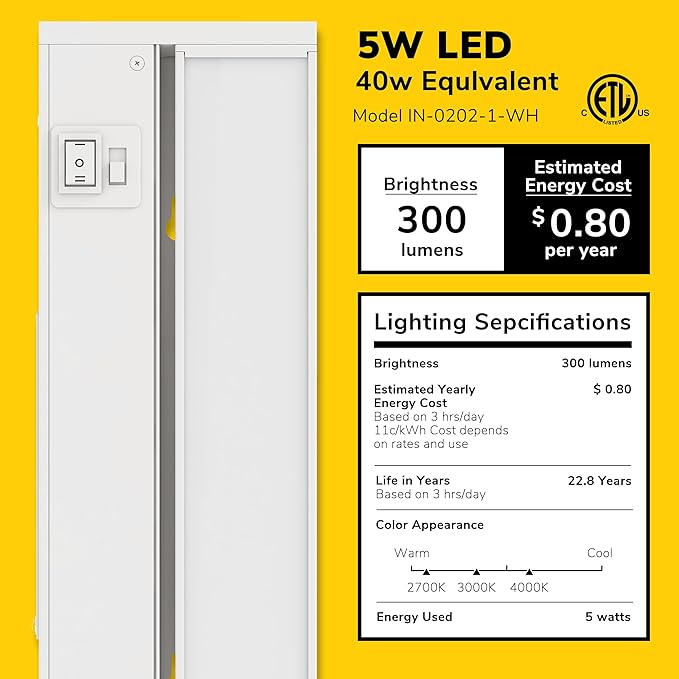 GETINLIGHT 12-inch Swivel LED Under Cabinet Lights, Glass Lens, Selectable White 2700K/4000K/5000K, Dimmable with Wall Dimmers, White Finish, IN-0202-1-WH