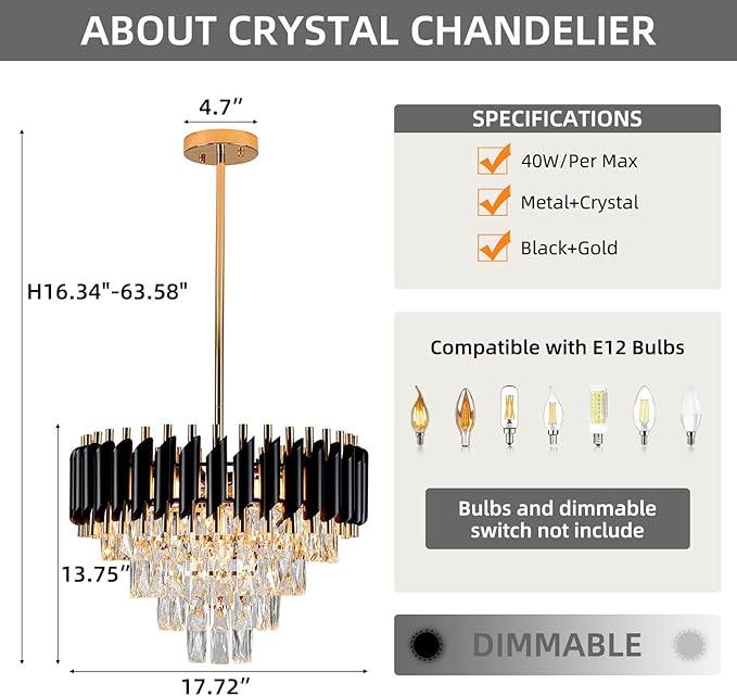 Modern Crystal Chandelier 5-Lights Black and Gold Chandelier for Dining Room Light Fixture 4-Tier Round Pendant Flush Mount Chandeliers Ceiling Lighting for Living Room Kitchen Bedroom Foyer