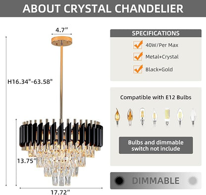 Modern Crystal Chandelier 5-Lights Black and Gold Chandelier for Dining Room Light Fixture 4-Tier Round Pendant Flush Mount Chandeliers Ceiling Lighting for Living Room Kitchen Bedroom Foyer