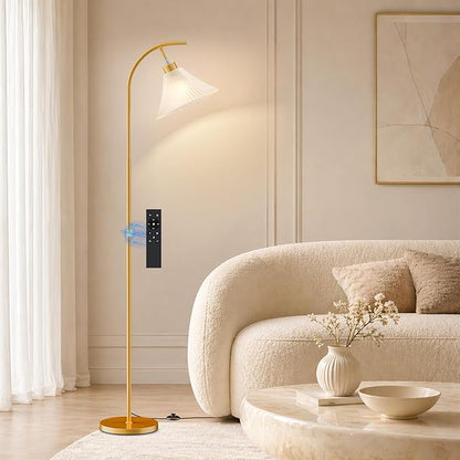SIBRILLE Gold Floor Lamp with Remote, Dimmable Glass Arc Standing Lamp, Ribbed Frosted Glass Shade, 3 Color Temperatures, Foot Switch, 9W LED Bulb for Living Room Bedroom Office
