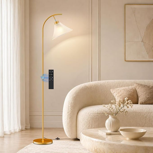 SIBRILLE Gold Floor Lamp with Remote, Dimmable Glass Arc Standing Lamp, Ribbed Frosted Glass Shade, 3 Color Temperatures, Foot Switch, 9W LED Bulb for Living Room Bedroom Office