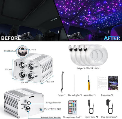 4 Colors 32W Twinkle Car Starlight Headliner Kit 860pcs*0.03in*13.1ft with APP&RF Remote, RGBW Fiber Optic Strands Star Roof Lights,4 Port Engine Sound Activated Ceiling Star Lights for Home/Car Decor