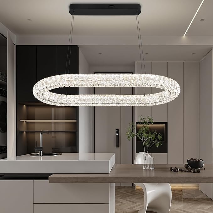 LED Crystal Ring Chandelier, 40'' Black Crystal Ring Pendant Light for Kitchen Island Modern Linear Oval Chandeliers for Dining Room Dimmable 3000K-6000K