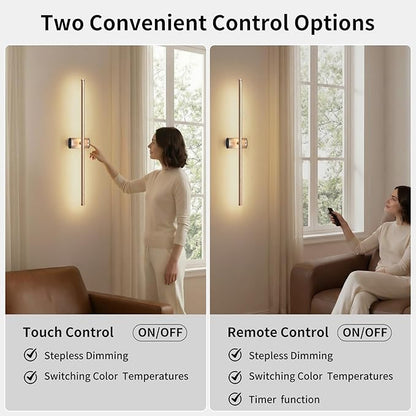 ONEWISH Battery Operated Wall Sconces Set of 2, 27.75" Rechargeable Wall Lights with Remote & Timer, 3-Color Dimmable Wireless Sconces for TV Wall Decor, Picture Light, Bedroom, Gold