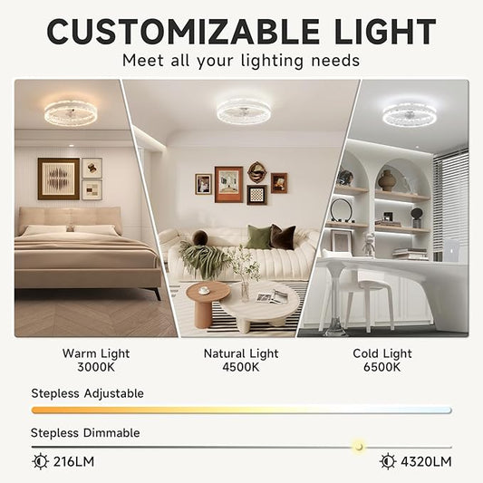 VOLISUN Low Profile Ceiling Fans with Light and Remote, 19.7in Fandelier Ceiling Fan with Light, 3000K-6500K Dimmable Flush Mount LED Ceiling Fan Light, White Modern Ceiling Fan Light for Bedroom
