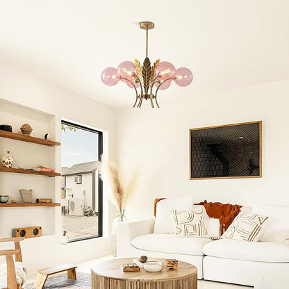 BOKT Modern Sputnik Chandeliers 6-Lights Island Pendant Lighting Fixture Mid Century Ball Chandelier with Pink Globe Lampshade Gold Sphere Ceiling Light for Dining Room Living Room Girls Room
