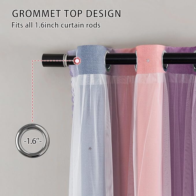 XiDi Grey Pink Purple Curtains for Girls Bedroom Decor Kids Blackout Curtains for Nursery Room Darkening Rainbow Princess Unicorn Wall Decals Little Girl 52x45 Inches Long 2 Panels Set