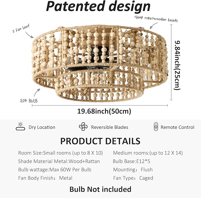 ainqiant Boho Caged Ceiling Fans with Lights, 20 Inch Rustic Wood Beaded Ceiling Fan with Light Remote Control,Coastal Flush Mount 6 Speeds for Bedroom, Nursery
