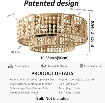 ainqiant Boho Caged Ceiling Fans with Lights, 20 Inch Rustic Wood Beaded Ceiling Fan with Light Remote Control,Coastal Flush Mount 6 Speeds for Bedroom, Nursery