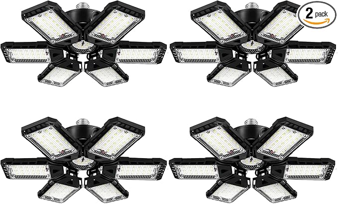 Aoretic LED Garage Lights 4 Pack -180W, 18000LM 6500K Led Shop Light with 6+1 Deformable Panels, Basement Barn Light Garage Ceiling Lights, E26/E27 for Garages, Warehouse, Shop
