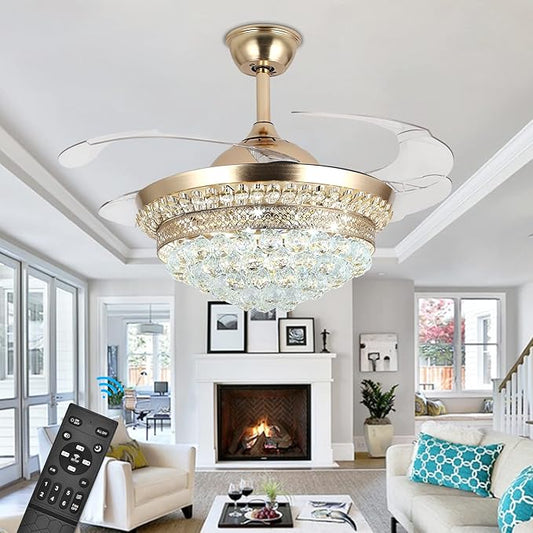 42" Invisible Ceiling Fan Chandelier with Light,Modern Crystal Ceiling Fan Light Remote Control 4 Retractable ABS Blades for Bedroom Living Dining Room Decoration (Golden)