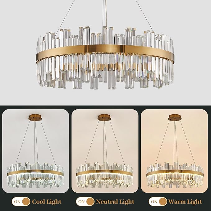 Gold Modern Crystal Led Chandelier: 23.6" Dimmable K9 Crystals Chandeliers over Table - Golden Luxury Glass Round Chandelier - Height Adjustable Drum Chandelier with Remote for Dining Room Living Room