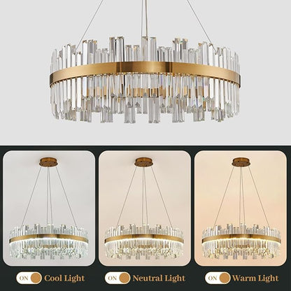 Gold Modern Crystal Led Chandelier: 23.6" Dimmable K9 Crystals Chandeliers over Table - Golden Luxury Glass Round Chandelier - Height Adjustable Drum Chandelier with Remote for Dining Room Living Room