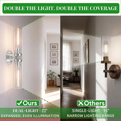 Wall Sconces 2-Pack, Hardwired Bathroom Light Fixtures, Modern Farmhouse Vanity Wall Lighting with Clear Glass Shades, E26 Base Wall Sconce Wall Lights for Bathroom Wall Decor, Brushed Nickel