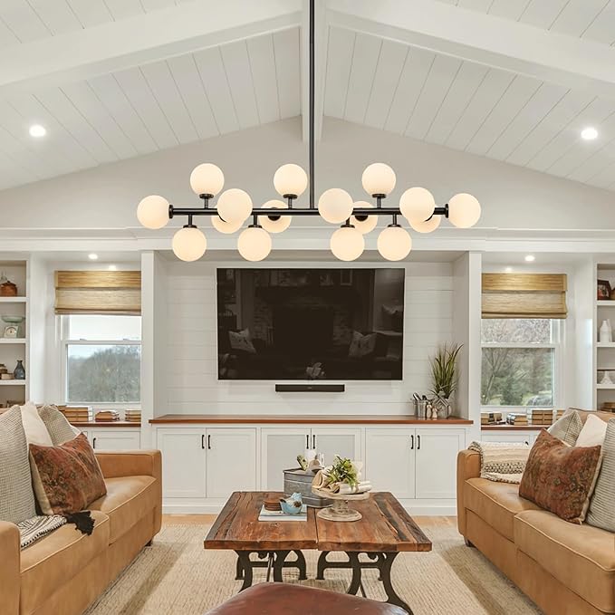 16-Light Mid Century Modern Chandelier: 39.4" Black Linear Sputnik Chandeliers - Milk White Glass Globe Dining Room Light Fixture - Long Modern Pendant Chandelier for Living Room Kitchen Island Table