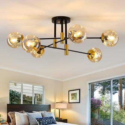 6-Lights Sputnik Ceiling Light Fixture Mid Century Modern Glass Globe Flush Mount Chandelier Black and Gold Farmhouse Lighting for Living Room Dining Room Bedroom Kitchen