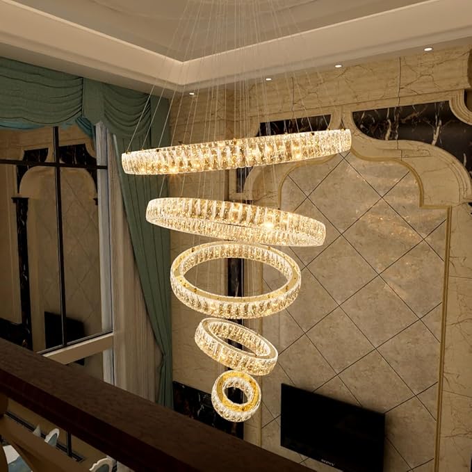 HAIXIANG 5-Rings Modern Chandelier with LED Dimmable Lights Crystal High Ceiling Chandeliers Lighting for Living Room Foyer Entryway Luxury Indoor Light Silver Fixtures